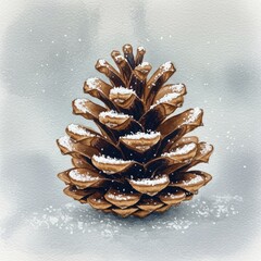 Pine cone covered with white snow. Winter woodland decoration for holiday greeting card. Natural cold season element.