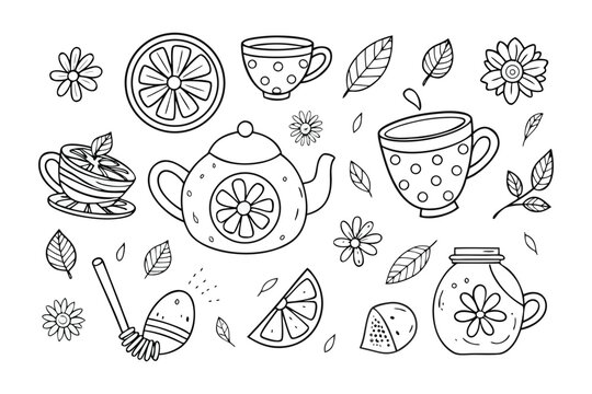 Floral Tea Party: A charming monochrome illustration showcasing a delightful tea party scene, featuring delicate floral elements, lemon slices, honey pot, and tea sets. - Powered by Adobe