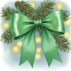 Green bow on a spruce branch with blurred lights in background. Watercolor illustration for christmas, new year, and holiday greeting card.