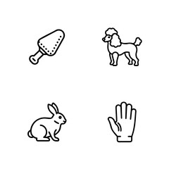 Collection of Four Line Art Icons Featuring a Cake Server a Poodle a Rabbit and a Hand