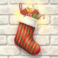 Red and green Christmas stocking filled with gifts and candy on a brick wall. Watercolor illustration for holiday decor.