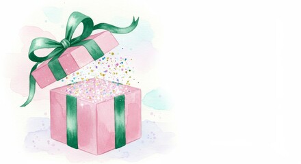 Watercolor pink gift box with festive glitter confetti for celebration. Happy holiday present for greeting card or banner template.