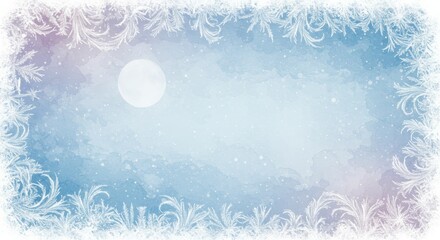 A full moon with frost patterns on window pane. Christmas and New Year winter background. Cozy holiday season illustration.