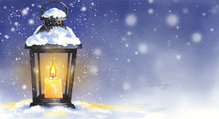 An illuminated lantern with a burning candle stands in snow under falling snowflakes. Watercolor for winter and Christmas holiday card.