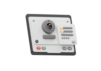 Photo of a 3d rendering of a video call interface with webcam and settings panel isolated on transparent background