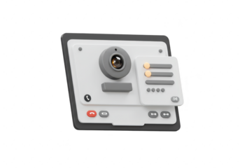 Photo of a 3d rendering of a video call interface with webcam and settings panel isolated on transparent background