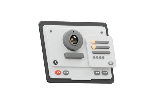 Photo of a 3d rendering of a video call interface with webcam and settings panel isolated on transparent background