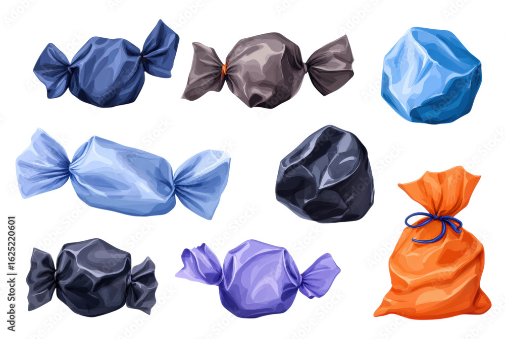 Poster a collection of assorted wrapped candies in various colors and shapes, featuring both solid and crum