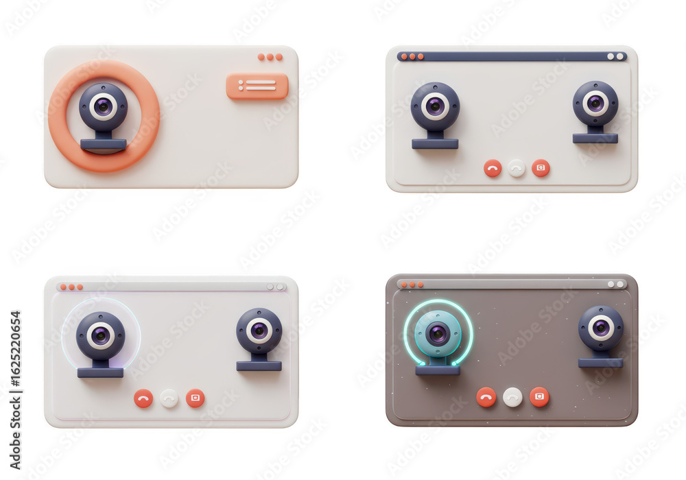 Poster photo of multiple 3d renderings of video call interfaces with webcams for online meetings isolated o