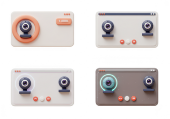 Photo of multiple 3d renderings of video call interfaces with webcams for online meetings isolated on transparent background