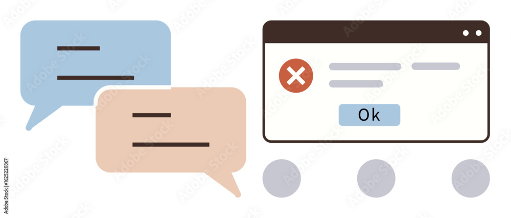 Poster browser window with error message, ok button, two speech bubbles in blue and beige, concept of commu
