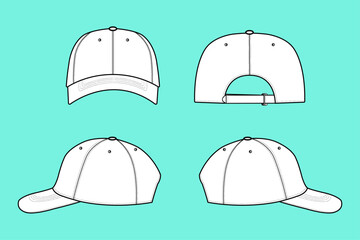 Headwear Baseball Cap Fashion Flat Sketch Vector Illustration Template Front Back and Side Views.