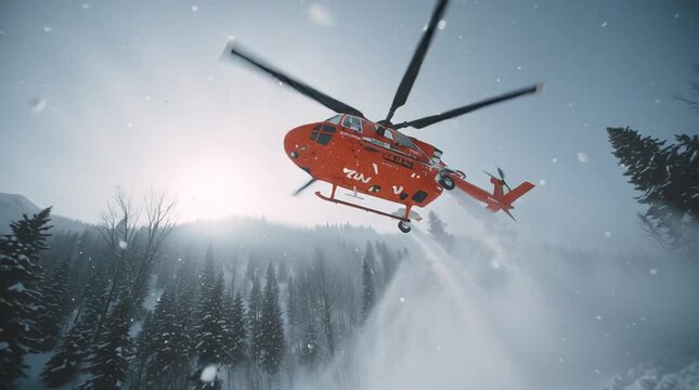 Red rescue helicopter flying over snowy winter forest with cold snowflakes falling and bright sunlight shining through trees during emergency rotor operation in deep snow