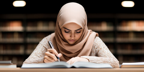 Focused Student in Library: A young woman in a headscarf intently studies, writing in a book. The backdrop features rows of books in a library setting.