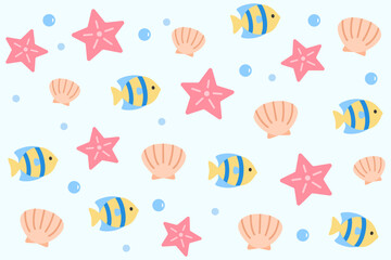Seamless ocean pattern with cute seashells, starfish, and fish cartoon surrounded by air bubbles on light blue. Perfect for summer prints, kids' products, or beach themes.