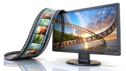 Film strip flowing from a computer monitor displaying a scenic landscape, representing the connection between digital media and visual storytelling