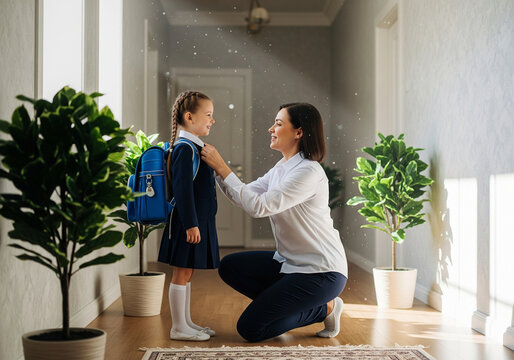 A mother adjusts her daughter collar, daughter wearing a school uniform and carrying a blue backpack, concept first day of school.