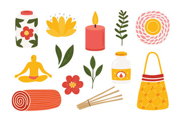 Tranquility in Bloom: An assortment of yoga accessories and elements essential for meditation are presented in a photorealistic scene.