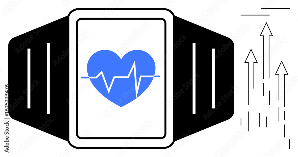 Poster smartwatch displaying blue heartbeat icon on screen with arrows signifying progress. ideal for fitne