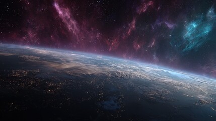 Fototapeta premium Earth From Space At Night With City Lights And Nebula