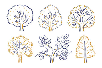 Stylized Trees Collection: A diverse array of stylized tree illustrations, perfect for adding a touch of nature's beauty to any design project. Each tree boasts unique details.