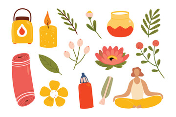 Serene Harmony: An artistic collection of relaxation essentials: candle, essential oil, flowers, leaves, jar, yoga mat, and meditating figure, designed to inspire peace and wellness.