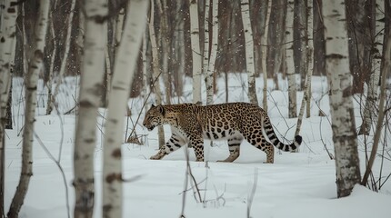 Fototapeta premium Snowy forest with leopard