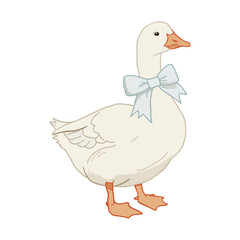 This image is a simple, cute illustration of a goose. The goose has an ivory body, orange beak and legs. It is decorated with a light blue bow tied around its neck, giving it.