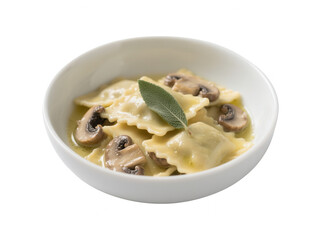 Ravioli with Mushroom Cream Sauce and Sage on White