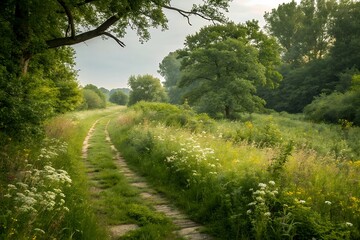 Fototapeta premium A winding dirt path through a lush green meadow with wildflowers and trees under a cloudy sky