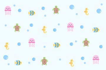 Adorable cartoon ocean pattern featuring jellyfish, turtles, seahorse, and butterfly fish on a light blue bubbly background. Perfect for sea-themed kids' items.