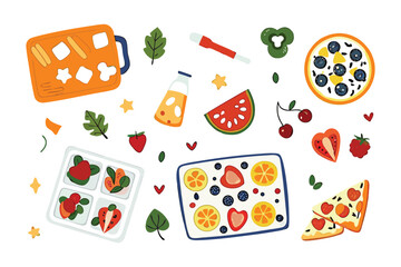 Healthy and colorful food elements in illustrations: Delicious pizza, sliced watermelon, strawberries, juicy oranges and a variety of foods on a display, representing a wholesome lifestyle