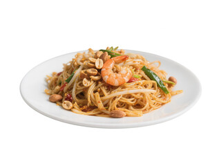 Delicious Pad Thai with Shrimp, Noodles and Peanuts on a White Plate