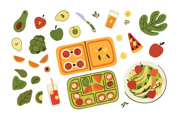 Healthy food composition in illustrations: A colorful and diverse composition, celebrating healthy eating with a top-down illustration of various fresh fruits and vegetables arranged to delight.