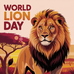 Majestic Lion in Savannah at Sunset for World Lion Day Illustration