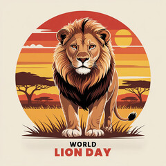 Majestic Lion Standing Illustration for World Lion Day with African Sunset