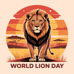 Majestic Lion Standing Illustration for World Lion Day with African Sunset