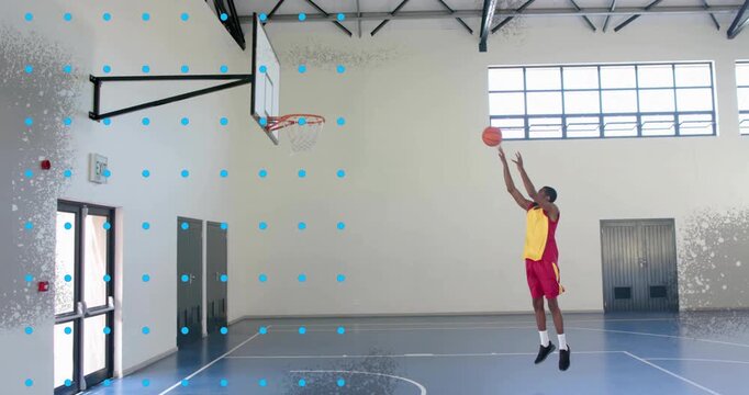 After light ball bounce, player practicing free throw and collecting ball under blue tracking grid