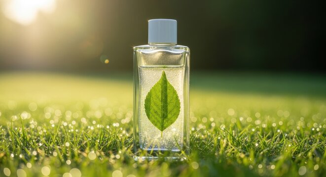 Natural Liquid Health Serum in a Clear Bottle with a Green Leaf Inside Amidst Dewy Grass and Sunlight