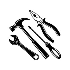 Vector Illustration of Hand Tools Set with Hammer, Pliers, Wrench, and Screwdriver – Black and White Drawing of Workshop and DIY Repair Equipment