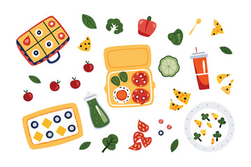 Nutritious Meal Arrangement: An eye-level array of wholesome lunch box elements features pizza and sandwiches with various healthy components.