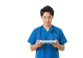 Professional Asian Doctor Holding Digital Tablet Isolated on White