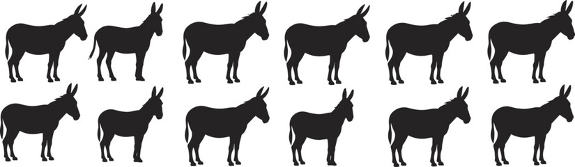 Donkey Silhouettes Collection, Black Vector Icons, Farm Animal Graphics, Side Profile Design, Adobe Stock Illustration, Livestock Art, Rural Symbols