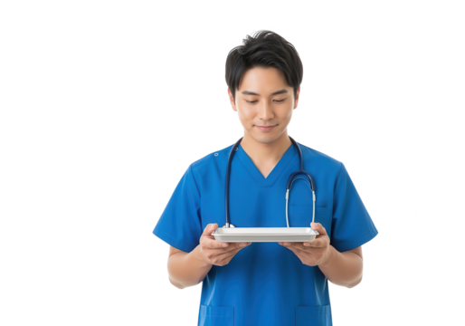 Professional Asian Doctor Holding Digital Tablet Isolated on White