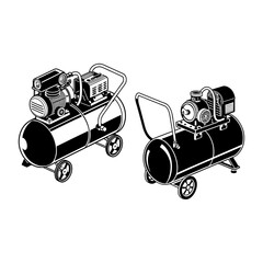 Industrial Air Compressor Machine Vector Illustration – Black and White Technical Drawing of Portable Electric Air Compressors with Wheels for Workshop, Construction, and Garage Use