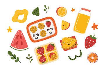 Healthy and Delicious: An enticing arrangement of fresh fruits, a wholesome sandwich, and a vibrant juice create a healthy and delicious meal, perfect for a refreshing and nourishing experience. 