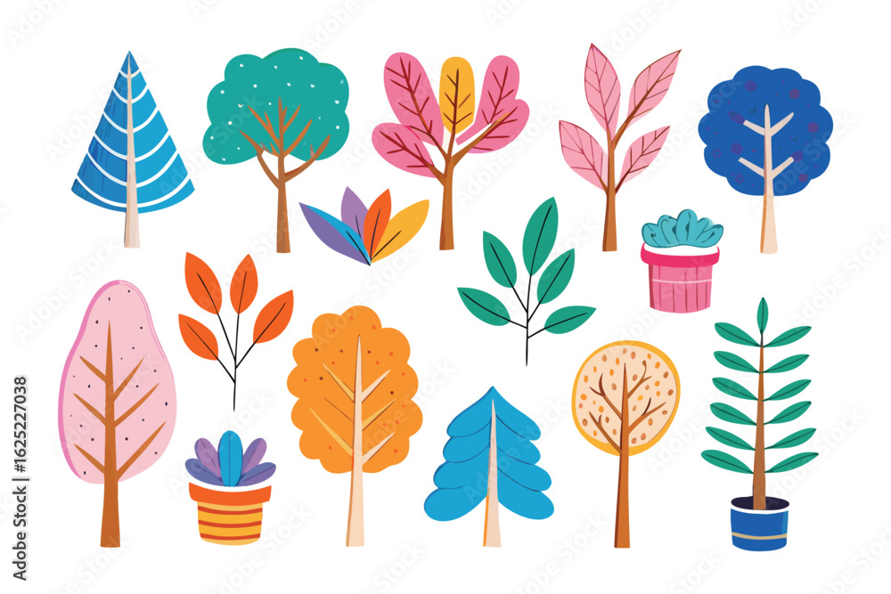 Poster colorful trees: a vibrant collection of meticulously designed trees in various shapes and forms, pre