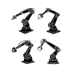 Black and White Vintage Vector Illustration Set of Industrial Robotic Arms for Automation, Manufacturing, and Mechanical Engineering Concepts