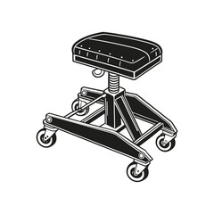 Detailed Black and White Vintage Illustration of a Rolling Mechanic Stool with Casters – Ideal for Garage Equipment, Workshop Furniture, and Auto Repair Concepts
