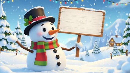 Cheerful cartoon snowman wearing a top hat and festive scarf holding a blank wooden sign in a snowy winter landscape 4K Ai HD video.
- Powered by Adobe